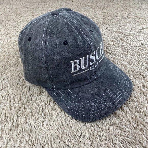 Vtg 1996 Busch Beer‎ Hat Gray Canvas White Stitch Script Adjustable Cap Made USA - Picture 2 of 11
